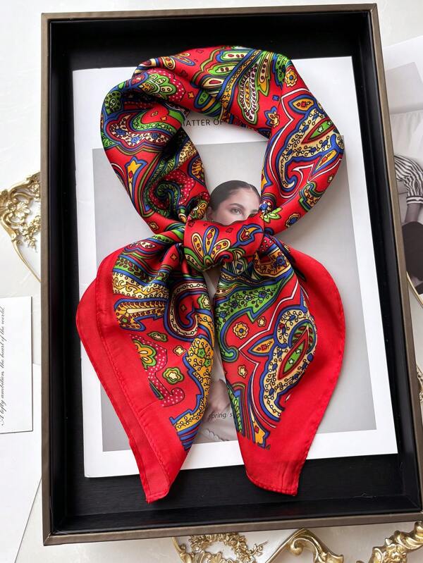 1pc Faux Silk Paisley Print 70cm Small Square Scarf, New Spring/Summer Bandana For Women, Versatile Waist Tie, Headband, Head Wrap, Fashion Neckerchief