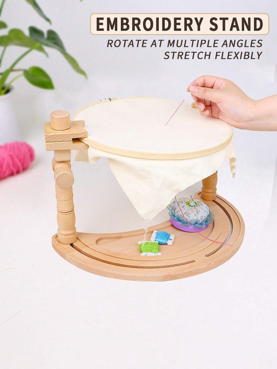 1 قطعة إطار خياطة متقاطعة خشبي، حامل تطريز دوار متعدد الوظائف بقاعدة هلالية الشكل، تصميم لوحتين لخياطة شخصين، سهل التركيب، مناسب للأطفال والبالغين، يتضمن 1 حلقة تطريز