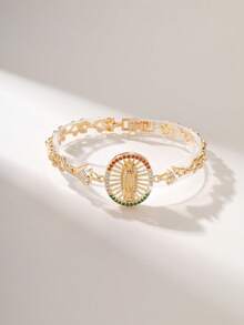 1pc Fashion Simple Luxury Glitter Copper Inlaid Flower Petal Hollow Embossed Virgin Mary Bracelet, Suitable As Gift For Mother/Father's Day/Siblings/Couples/Friends, Daily/Holiday Wear, Praying - Yellow Gold - View 6