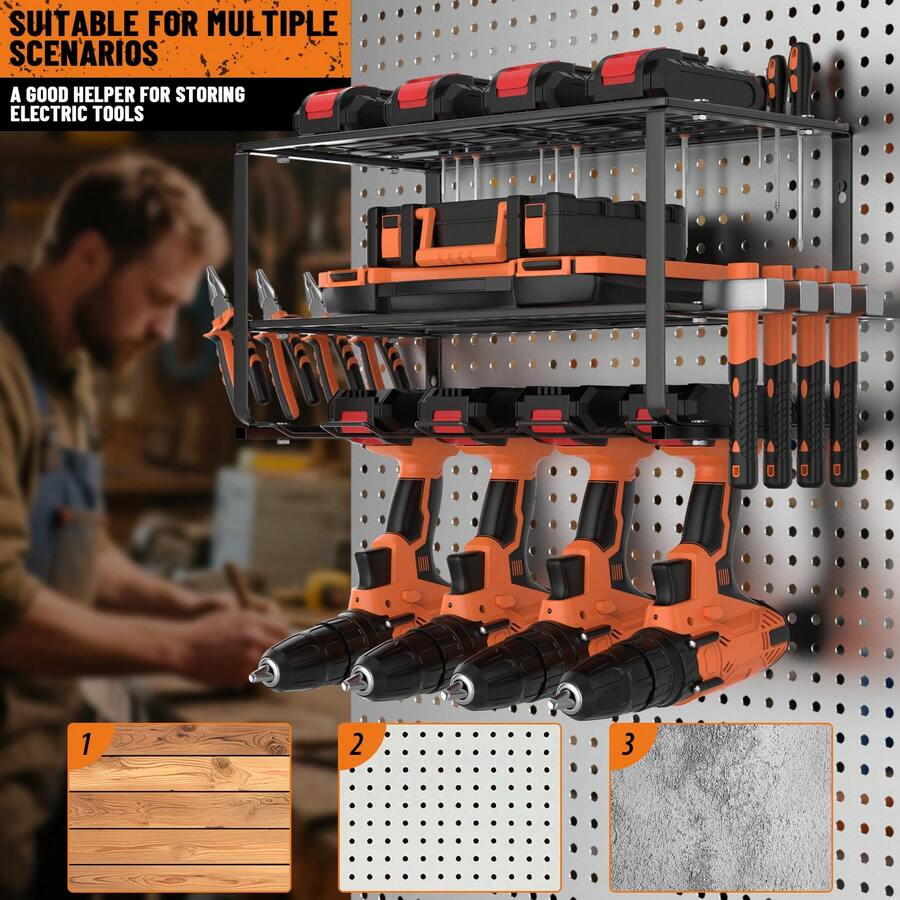 Royalswill Electric Tool Organiser Wall-Mounted, Heavy-Duty Garage Tool Organiser And Storage Rack, Floating Tool Rack Wall-Mounted Tool Storage Rack, 2-Tier Metal Tool Organiser For Garage Workshop - Black - View 1
