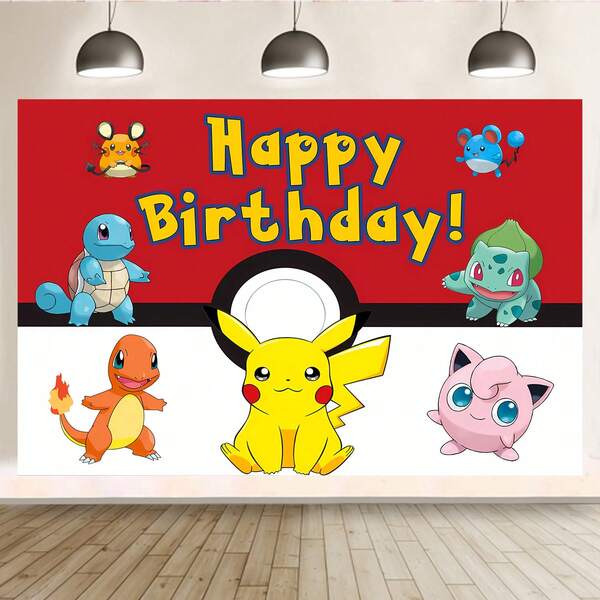 pokemon 1 Peça Autorizada Bottom de Decoração de Mesa de Bolo de Aniversário com Tema de Personagens de Anime Pokémon Pikachu em Vermelho e Branco, Pano de Bottom de Fotografia Fofo de Personagem de Anime Pokémon, Adequado para Festa de Aniversário Perfeita, Batismo de Recém-Nascido, Decoração de Pano de Bottom de Mesa de Bolo, Cabine Fotográfica, Pôster de Estúdio de Fotografia, Decoração de Adereços, Presente de Aniversário - 210 x 150 cm / 150 x 100 cm / 100 x 75 cm