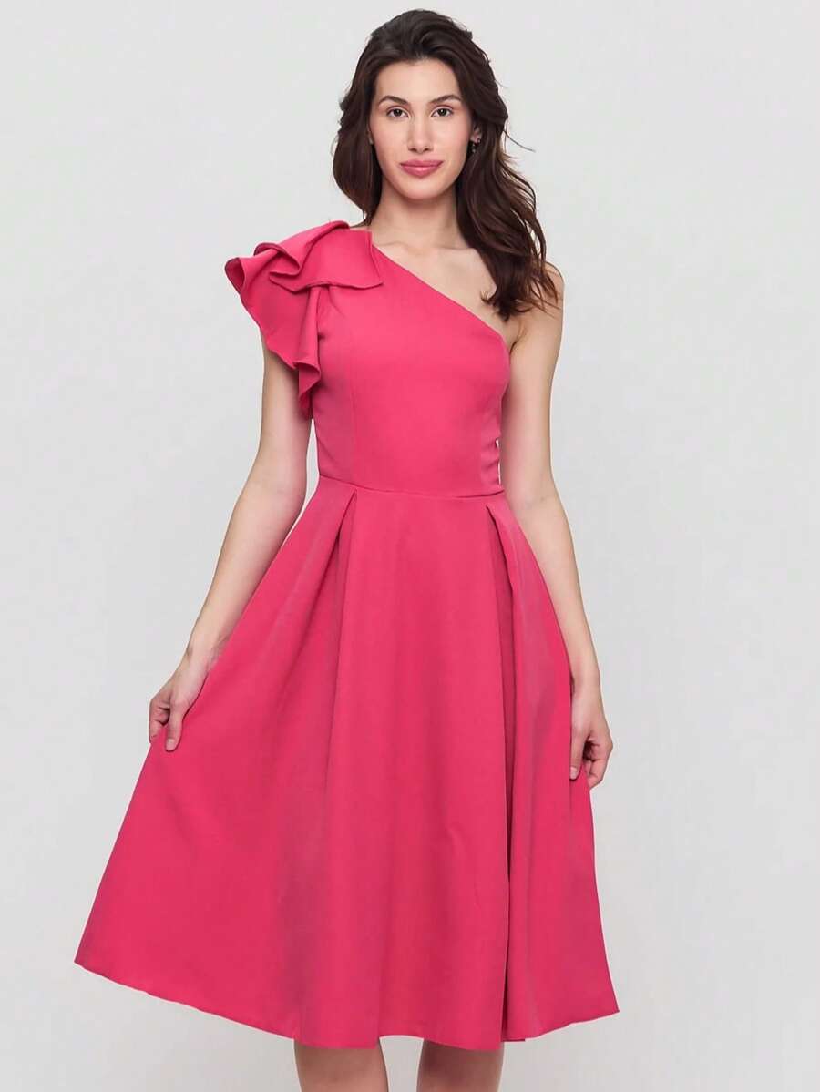 CEYLEN Women's Solid Color One Shoulder Ruffle Sleeve Elegant Mid-Length Dress - Pink - View 1