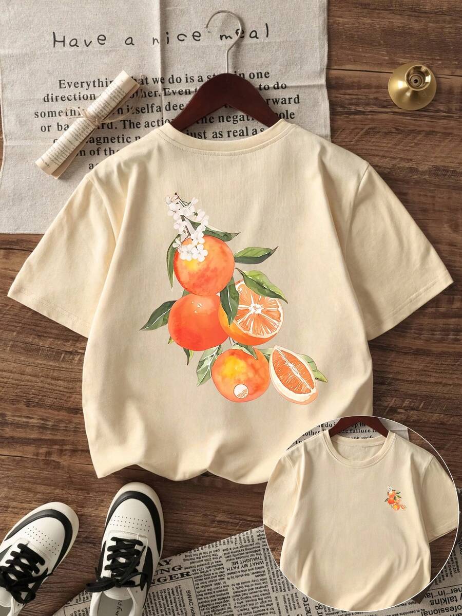 1pc Girls Young Casual Colorful Printed Round Neck Short Sleeve T-Shirt, Summer Student Streetwear - Imaginative And Self-Expressive Graphic Tee - Apricot - View 1