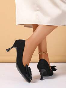 女士经典蝴蝶结装饰休闲办公室百搭高跟鞋 - 黑色 - 查看 2