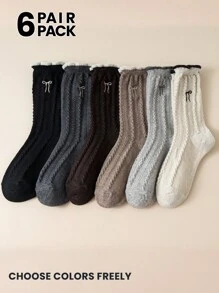 1 Pair/6 Pairs Women Calf Socks With Braided, Bow, Embroidered Patterns, Retro Fashion Versatile Wool Socks, Warm And Windproof, Suitable For Autumn/Winter Daily Wear