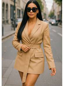 The Boss Pinstripe Blazer Dress  Striped  Plain    Elegant    Button Front  Belted  Pocket    Office - Màu be - Xem 3
