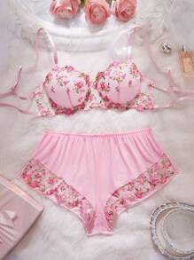 Damen Spitzenblumen Stickerei süße & sexy Lingerie Set, klassische Ditsy Blumen Stickerei
