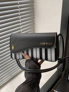 PU Material Versatile Casual Women's Shoulder Bag With Letter & Music Note Print - Black and White - View 10