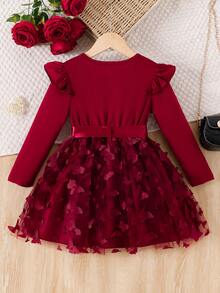 Young Girls' Christmas Ruffle Trim Long Sleeve Patchwork 3D Butterfly Mesh Dress With Belt