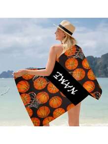 1 Stück Basketball Strandtuch - personalisiertes schnell trocknendes leichtes Outdoor-Handtuch mit modischem orange-schwarzem Basketball-Design, perfektes Geschenk für Sportfans, Männer und Frauen, geeignet für Pool, Strand, Camping und Urlaub, Poolzubehör, moderner Stil, strapazierfähiges Material