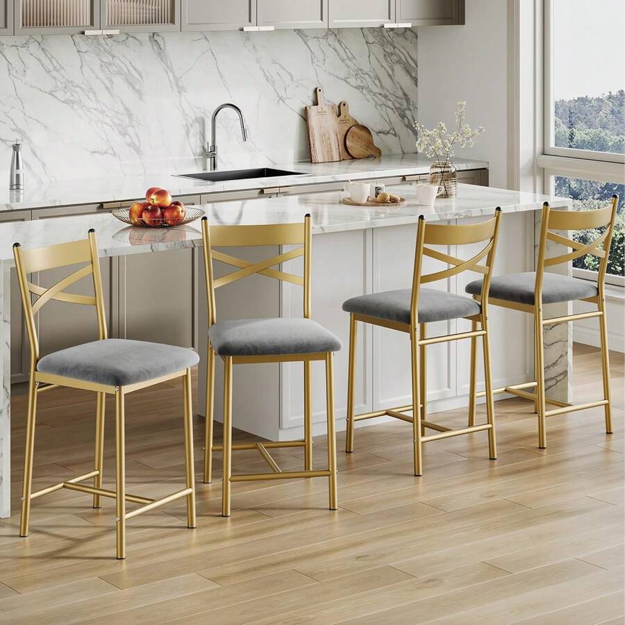mteryoing Modern Bar Stool Set, Metal Bar Stool With Backrest And Footrest, Counter Height Bar Stool, Upholstered Island Chair For Dining Room, Kitchen - Gold (4pcs) - View 1
