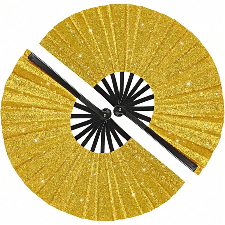 2 Pack Large Folding Hand Fan, Nylon-Cloth Vintage Retro Fabric Fans, Chinese Kung Fu Tai Chi Hand Fan For Men/Women, Festival, Dance, Gift, Performance, Decorations (Black) - 金色 - 查看 1
