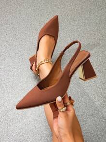 女士缎面尖头露跟粗跟高跟鞋优雅中正装鞋适合办公室聚会婚礼正式和休闲场合时尚鞋履理想春夏秋季穿着小猫穆勒鞋女士一脚蹬露跟蝴蝶结别致办公室聚会婚礼高跟鞋 - 咖啡色 - 查看 2