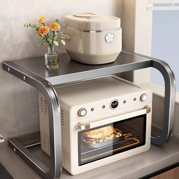 1 pieza Espacioso estante de metal de doble capa para horno de microondas - Diseño de almacenamiento abierto de moda, adecuado para encimera de cocina | Soporte multifuncional reforzado, se adapta a horno y microondas, sin necesidad de conexión eléctrica, para uso doméstico, horneado