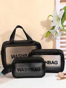 PU 皮革防水化妆包，大容量便携式旅行洗漱包，哑光透明设计 - 黑色 - 查看 2