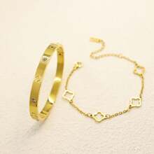 Pulseira de diamante com flor de quatro folhas vazada, 2 peças/conjunto, aço inoxidável banhado a ouro 18k, sem desbotamento, adequada para uso diário feminino ou presente para amigos