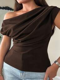 Plus Size Elegant Basic Casual Unique Gorgeous Asymmetrical Neck Crop Top, Fitted Short Sexy Shoulder Revealing Top For Women