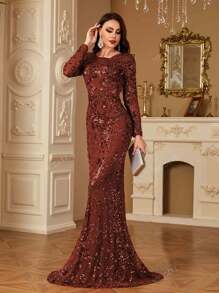 hezixi Vestido de noche de ajuste ceñido con cuello redondo, mangas largas, y bajo de cola de sirena con lentejuelas elásticas. Adecuado para diversos eventos, graduaciones, bodas y diversos banquetes.