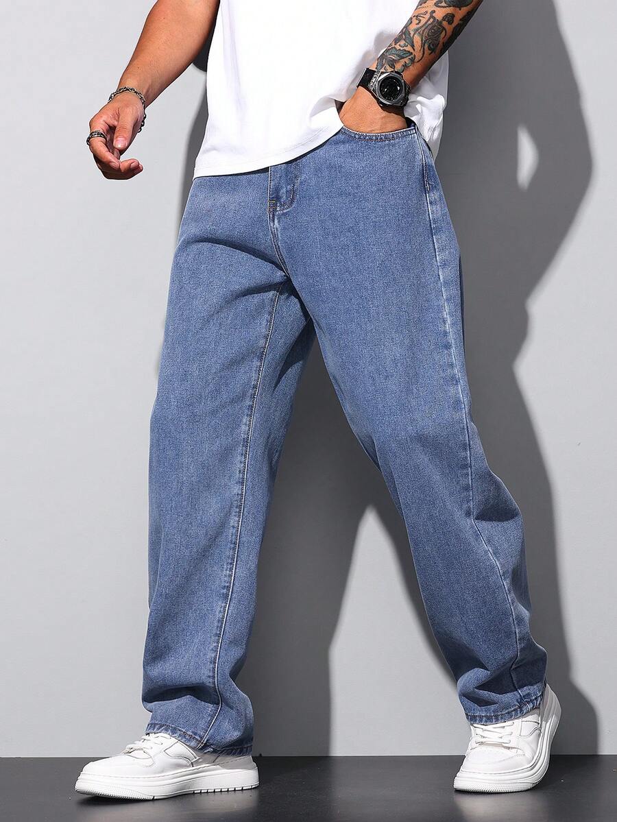 1 buah Celana Jeans Komuter Gaya Amerika Minimalis Hearty Haven Washed untuk Pria, Celana Panjang Kasual Serbaguna dengan Potongan Lebar dan Longgar (Tanpa Sabuk atau Aksesoris) - Biru - View 1