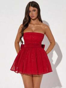 Mesh Strapless Sparkling Sexy Mini Vestidos Mujeres Moda Backless Bow Pleated Vestidos Mujeres Club Fiesta Vestidos Elegante. - Rojo - Ver 6