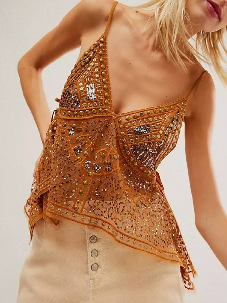 Women Y2K Sequin Mesh Tank Top Glitter Floral Embroidered Cami Crop Top Coquette Sleeveless Backless Rhinestone Camisole
