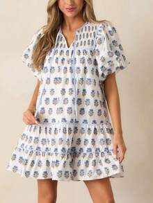 Women V Neck Floral Print Short Dress Summer Slim Fit Short Sleeve Y2K Striped Casual A Line Dresses With Pockets Aesthetic Clothes Beach Streetwear - 藍色 - 查看 3