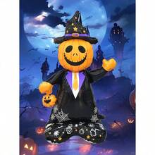 1 个 61 英寸巨型南瓜铝制气球，配有巫婆帽和领带 - 万圣节派对装饰、鬼屋道具、木乃伊房间场景增强器、亡灵节庆祝活动、节日混色、万圣节装饰 - 彩色 - 查看 1