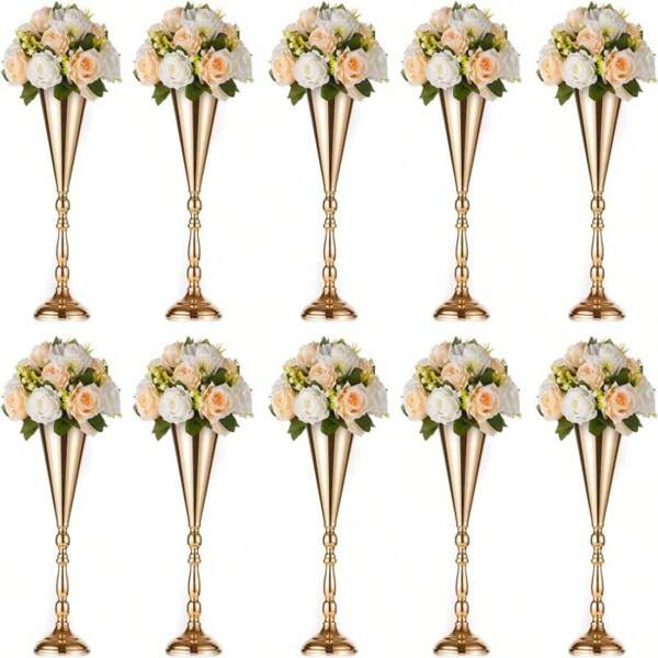 6 Pcs Tabletop Metal Wedding Flower Vase, Tall Table Decorative Centerpiece, Artificial Flower Arrangements For Wedding Party Dinner Event Hotel Home Decor Mother's Day Gift Plastic Flowers(Gold And Silver)