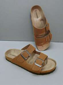 أحذية سوليد كوتر عصرية ذات أشرطة مزدوجة وإبزيم مربع، أحذية صيفية مريحة وسهلة الارتداء للخارج والشاطئ والمنتجعات السيدات، أحذية جلدية منزلقة بطابع جنسي مقاومة للانزلاق وصلبة - بني فاتح - مشاهدة 3