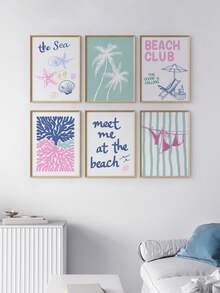 6幅珊瑚比基尼印花、棕榈树、海星墙画，夏季海滩卧室装饰海报，节日礼物，无框 - 粉色 - 查看 3