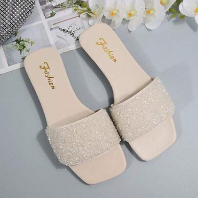Sandalias planas talla grande para mujer, estilo de vacaciones verano casual, versátiles, decoradas con strass, de fácil deslizamiento