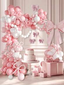 140pcs, Matte White Soft Pink Bow Babe Shower Party Confetti Aluminium Foil Balloon Decorative Set, Fantasy Pink Bow Theme Gender Reveal Party Background Aluminium Foil Confetti Balloon Decoration Arch Set, Perfect For Gender Reveal Party Newborn Party Room Wall Decoration Balloons - Pink Bow - View 1