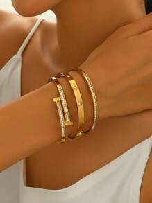 1/3pcs French Elegant And Fashionable Lucky Four-Leaf Clover And Starry Sky Zirconia Bracelet Set, 18K Gold-Plated Mirror Polished, Vacuum Electroplated, Waterproof And Not Easy To Fade Stainless Steel Bracelet Set, Women's Jewelry, Suitable For Women's Gatherings