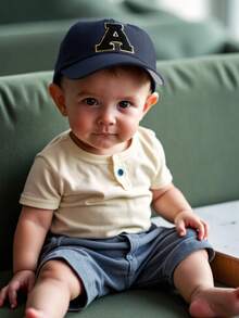 1pc Kids 26 Letter Embroidered Baseball Cap, Gold Thread Letter Design, Korean Style Snapback Hat, Sun Protection Cap For Boys & Girls, 1-3 Years Old - Navy Blue - View 3