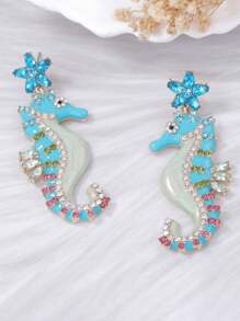1pc Fashionable Elegant Ocean Holiday Style Geometric Rhinestone Inlaid Star & Seahorse Colored Symmetrical Dangle Earrings