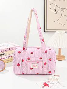 1 件粉色花朵和蝴蝶结条纹图案绗缝时尚大容量短途旅行手提包，女孩旅行包大容量单肩包，女孩运动包，瑜伽包绗缝拉链手提包，用于服装、水瓶、日用品和其他物品，适合女性和女孩，情人节礼物，生日礼物袋，学校配件学校用品 - 彩色 - 查看 13