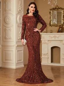 hezixi Vestido de noche de ajuste ceñido con cuello redondo, mangas largas, y bajo de cola de sirena con lentejuelas elásticas. Adecuado para diversos eventos, graduaciones, bodas y diversos banquetes.