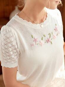 Women's Spring/Autumn Knitted Embroidered Round Neck Short Sleeve Hollow-Out Fitted Top, Casual Commuting Style (Pattern Random) - trắng - Xem 3