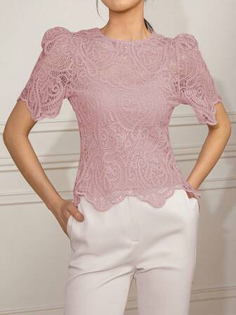 Amyenjoylife Women's Elegant Short Sleeve Lace Puff Sleeve Hollow Out Blouse T-Shirt