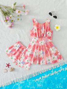 2pcs Young Girls Ditsy Floral Digital Print Sleeveless One-Piece Swimwear & Shorts Set, Summer - Orange - View 2