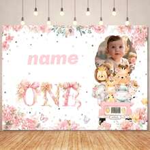 1pc Customizable Name & Photo 1st Birthday Pink Jungle Animal Happy Birthday Photography Backdrop, Cute Animal & Palm Leaf Pattern, Personalized, Suitable For Birthday Party Design Background Decoration Vinyl Banner