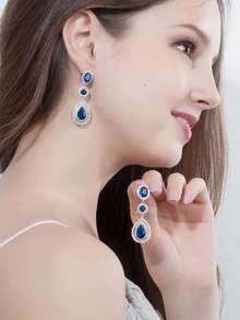 1 Pair Clip-On No Piercing Long Drop CZ Crystal Earrings, Silver Plated Red & Blue Cubic Zirconia Wedding Jewelry For Women, Brides, Bridesmaids, Engagement, Banquet, Pageant, Prom, Gift - 1 Pair Clip On Earrings - View 4