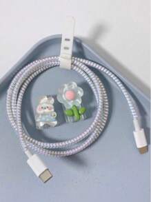 4 piezas de funda protectora de cable con patrones de conejo y flor compatible con cable de carga de Apple, accesorios anti-ruptura para cargador, accesorios de teléfono