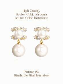 金色 C 形锆石和珍珠耳环，优雅可爱，适合日常佩戴和派对 - 金色 - 查看 2