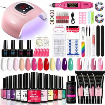 LIMEGIRL Gel Nail Polish Kit With U V Light And Drill , U V LED Nail Dryer Lamp Curing Gel Nail Polish Set Popular Poly Gel Nail Kit ,Top Base Coat Nail Art Professional Gel Manicure Kit, DIY At Home Gifts For Women
