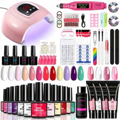 LIMEGIRL Kit de vernis à ongles en gel avec lampe UV et perceuse, lampe de séchage à LED UV, ensemble de vernis à ongles en gel. Kit de poly gel populaire. Top coat, base coat, kit de manucure en gel professionnel. Idée cadeau DIY à domicile pour les femmes