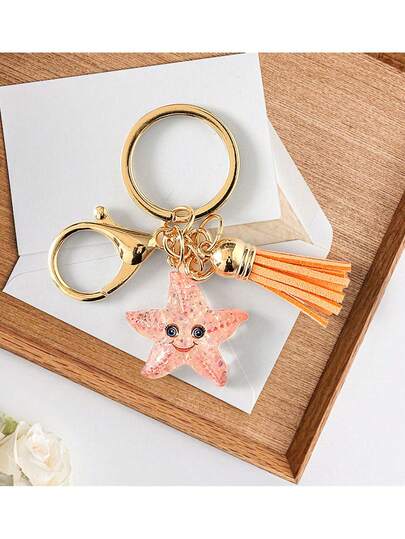 闪光透明树脂海洋、流苏、卡通笑脸、星星钥匙扣、水晶吊坠钥匙圈、钱包装饰，适合作为教师节、情人节礼物