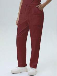 Women's Scrub Pants, Comfortable Pants, Solid Color Simple Multi-Pocket Pants Spring - Burgundy - View 6