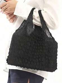 女士魔术弹力手提袋可伸缩购物手提包大容量可重复使用购物袋多色可折叠购物袋旅行必需品菠萝袋皱纹泡泡袋适用于旅行露营户外海滩暑假返校