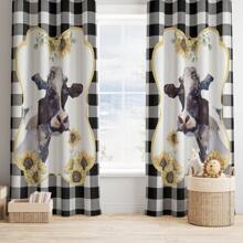 2 Panel Cow Farmhouse Kitchen Curtain Rod Pocket Short Sunflower Farm Animal Cow Plaid Pattern Living Room Bedroom Window Curtain